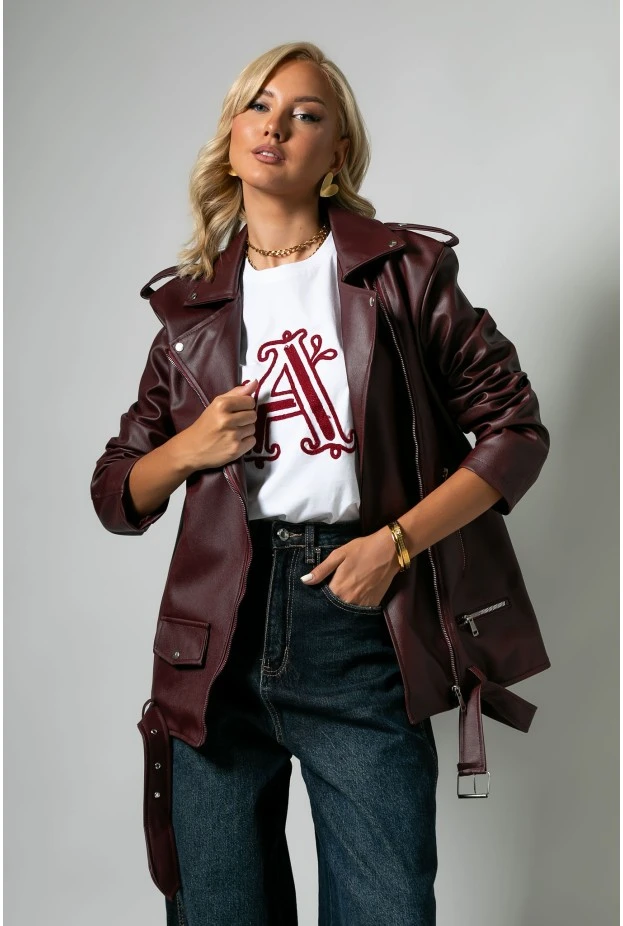 Oversized leather jacket μπορντό