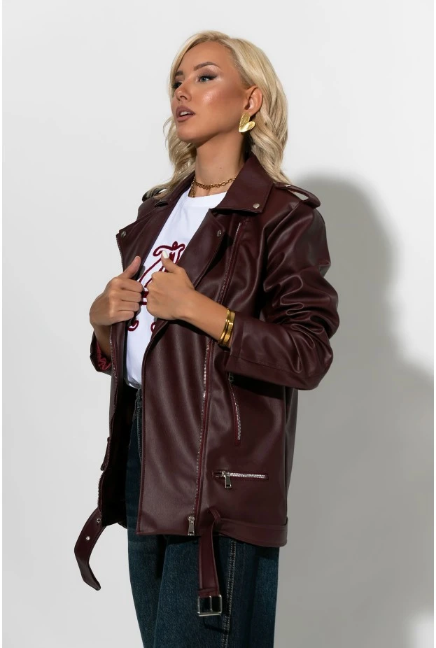 Oversized leather jacket μπορντό