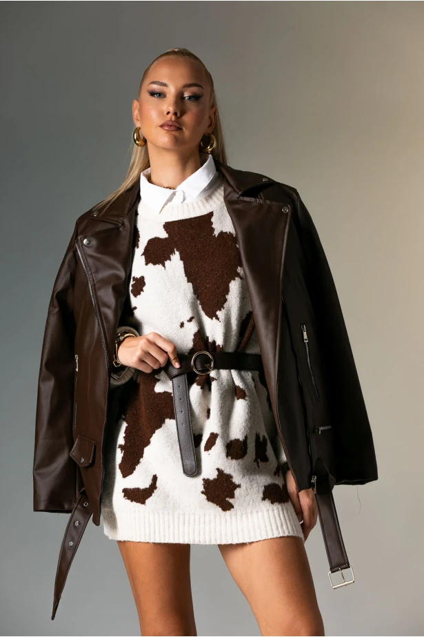 Oversized leather jacket καφέ