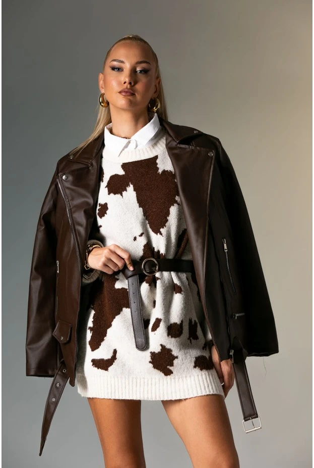 Oversized leather jacket καφέ