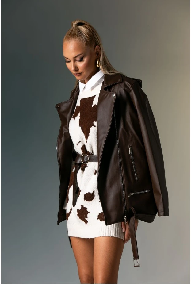 Oversized leather jacket καφέ