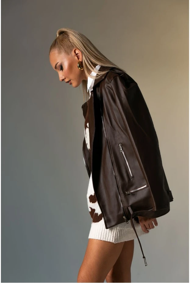 Oversized leather jacket καφέ