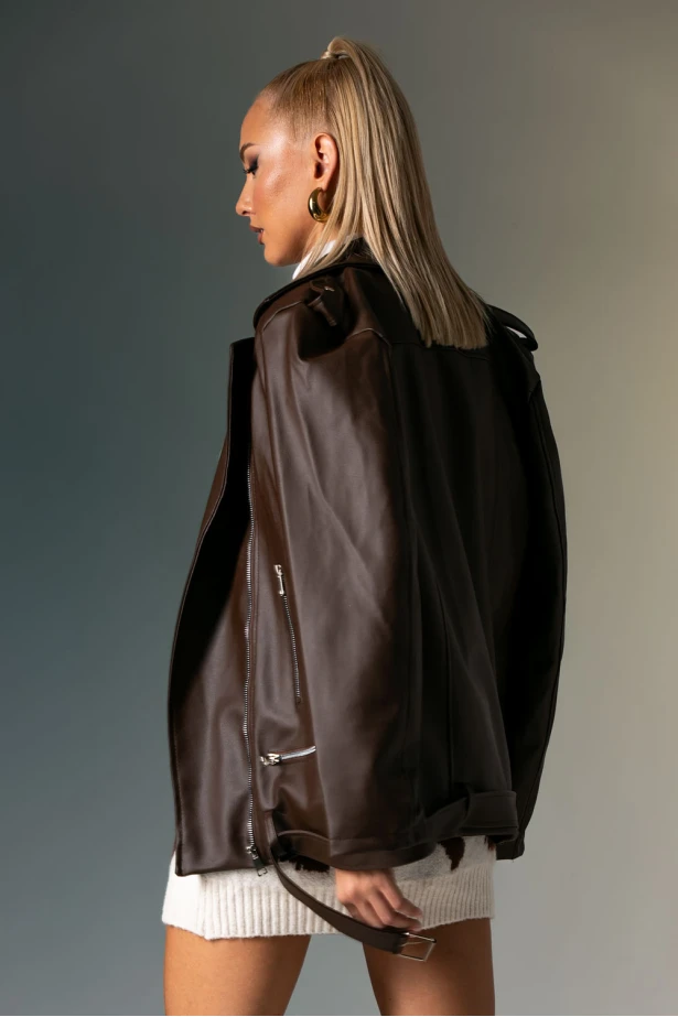 Oversized leather jacket καφέ