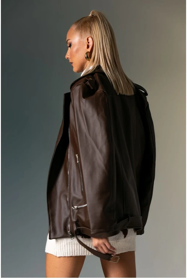 Oversized leather jacket καφέ