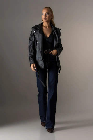 Oversized leather jacket καφέ