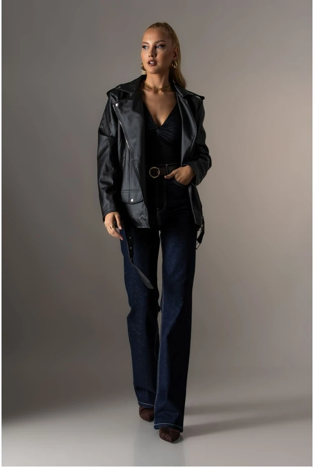 Oversized leather jacket μαύρο