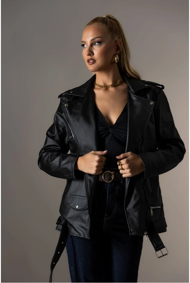 Oversized leather jacket μαύρο