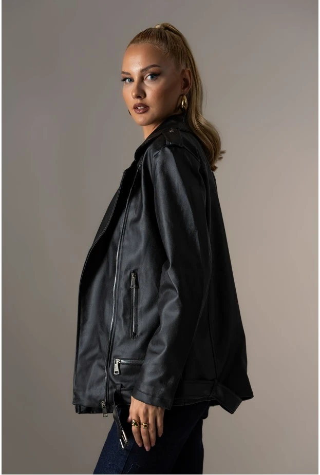 Oversized leather jacket μαύρο