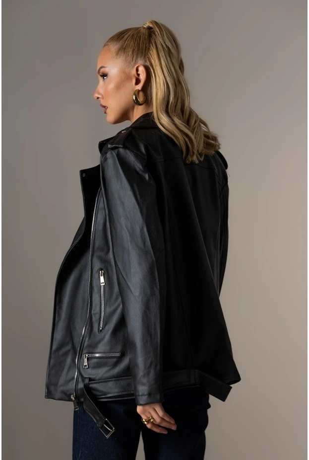 Oversized leather jacket μαύρο