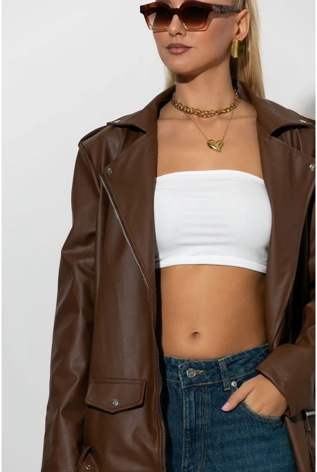 Oversized leather jacket σοκολά