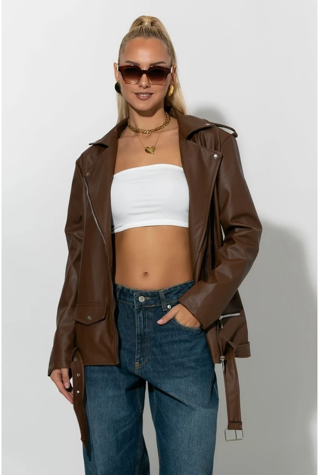 Oversized leather jacket σοκολά