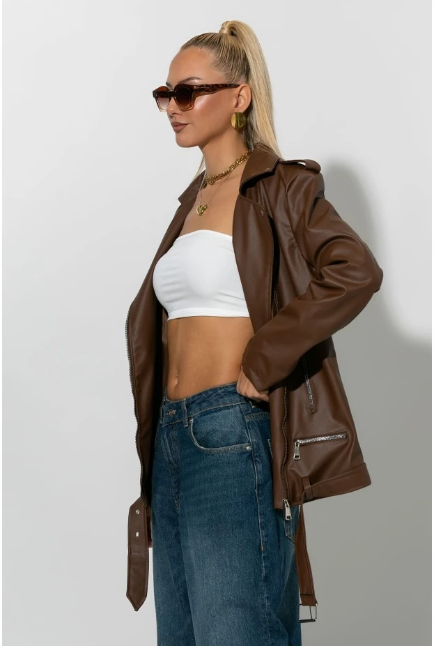 Oversized leather jacket σοκολά