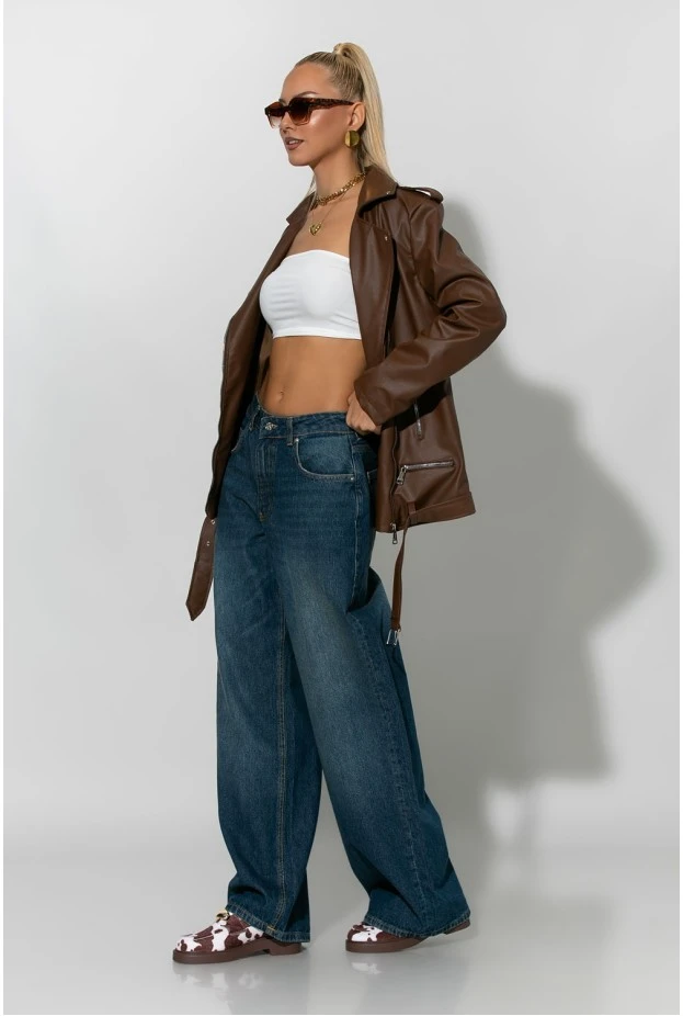 Oversized leather jacket σοκολά