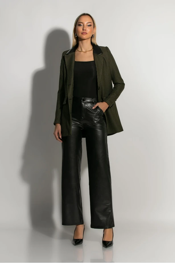 Blazer πιε ντε πουλ με δερματίνη γιακά χακί Blazer πιε ντε πουλ με δερματίνη γιακά χακί