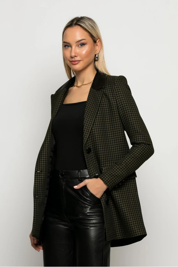 Blazer πιε ντε πουλ με δερματίνη γιακά χακί Blazer πιε ντε πουλ με δερματίνη γιακά χακί