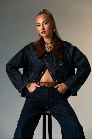 Jean jacket με κοτλέ γιακά μπλε ντένιμ