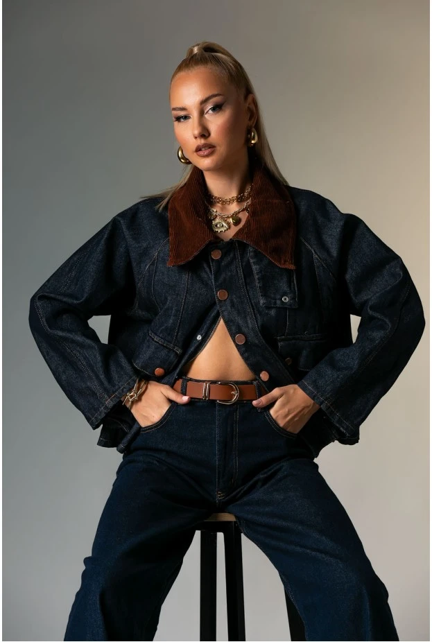 Jean jacket με κοτλέ γιακά μπλε ντένιμ