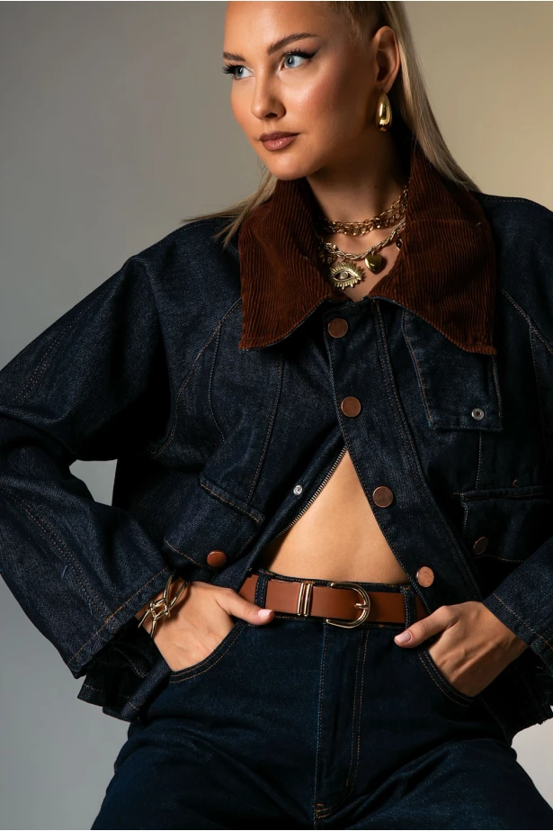 Jean jacket με κοτλέ γιακά μπλε ντένιμ Jean jacket με κοτλέ γιακά μπλε ντένιμ