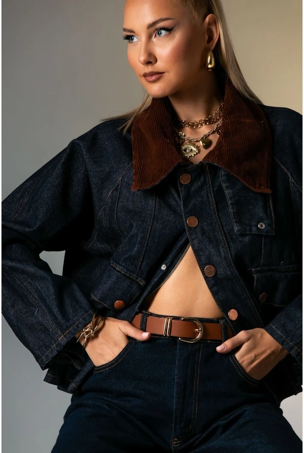 Jean jacket με κοτλέ γιακά μπλε ντένιμ