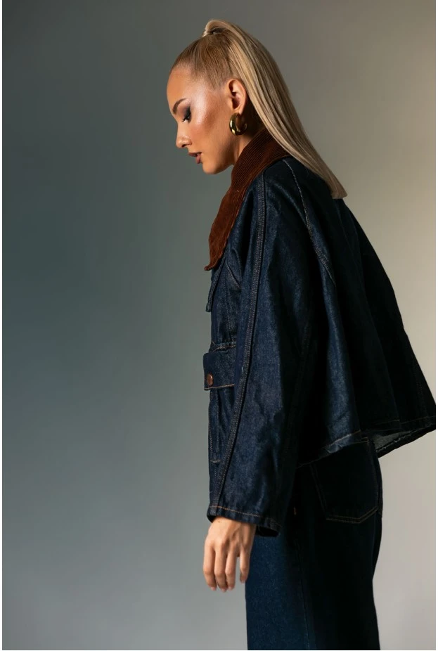 Jean jacket με κοτλέ γιακά μπλε ντένιμ