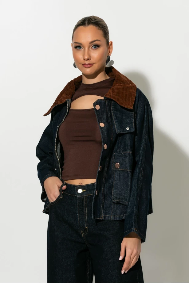 Jean jacket με κοτλέ γιακά μπλε ντένιμ Jean jacket με κοτλέ γιακά μπλε ντένιμ