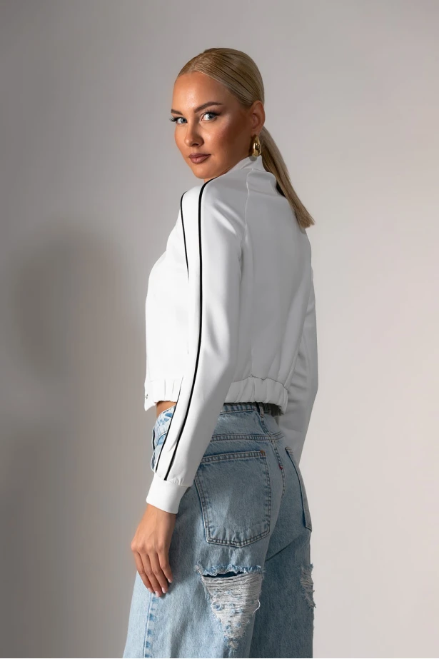 Cropped jacket με ρίγες στα μανίκια λευκό