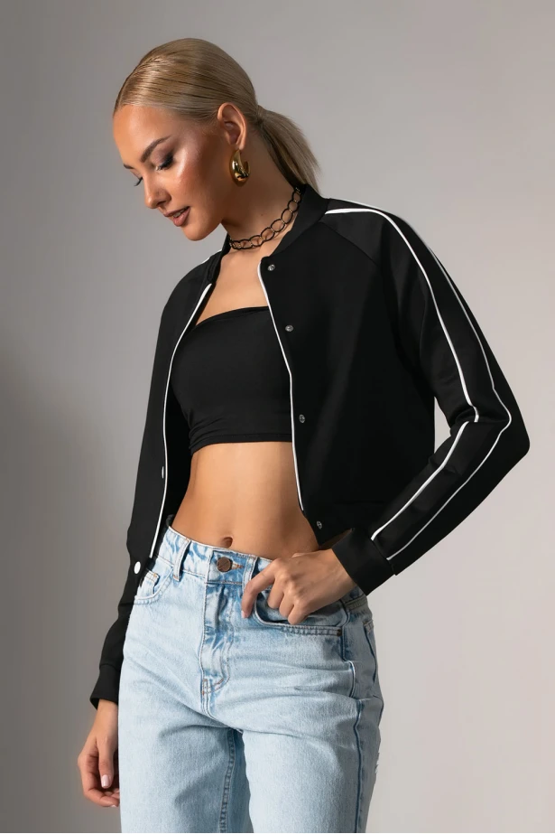 Cropped jacket με ρίγες στα μανίκια μαύρο