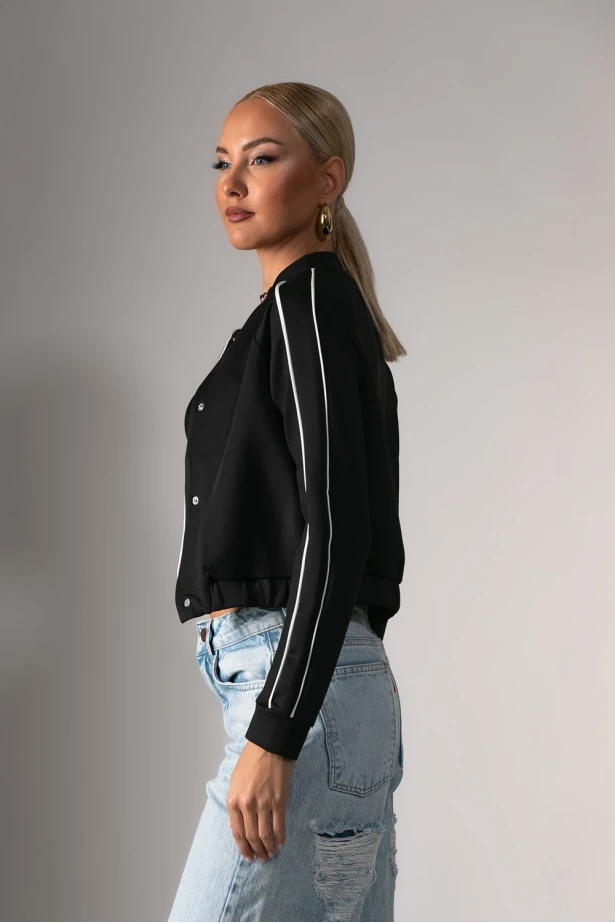 Cropped jacket με ρίγες στα μανίκια μαύρο