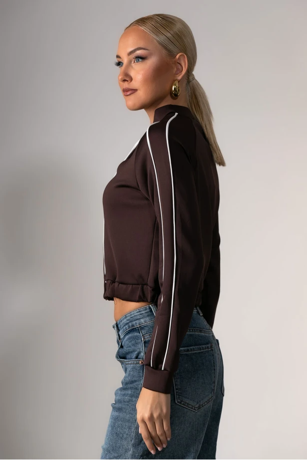 Cropped jacket με ρίγες στα μανίκια καφέ