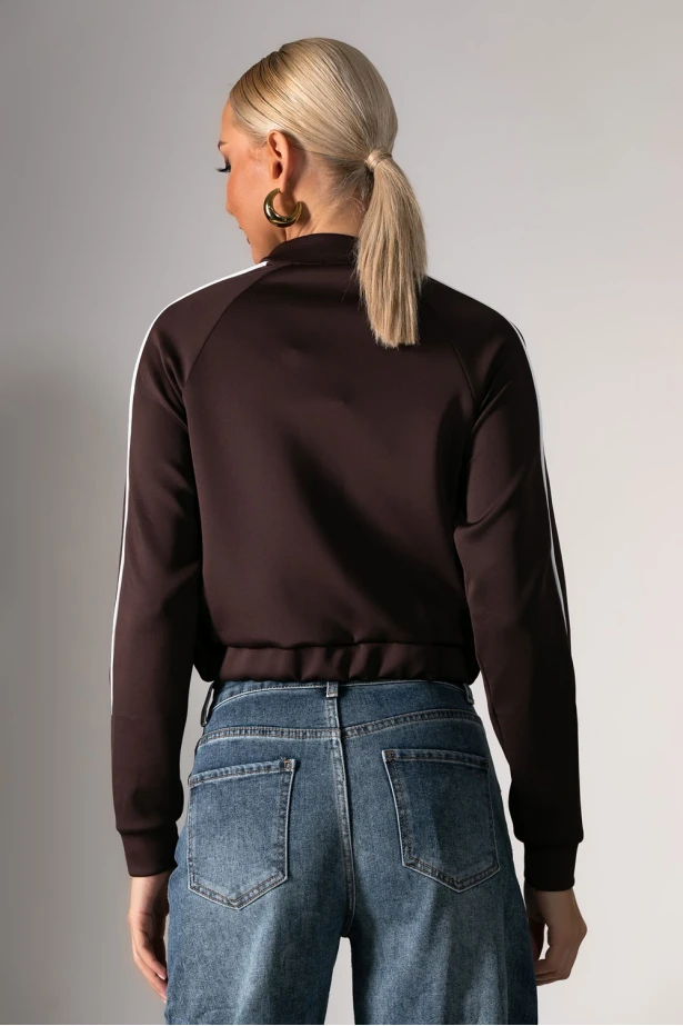 Cropped jacket με ρίγες στα μανίκια καφέ