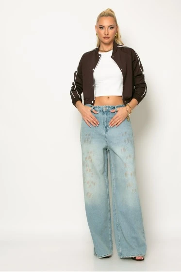 Cropped jacket με ρίγες στα μανίκια καφέ