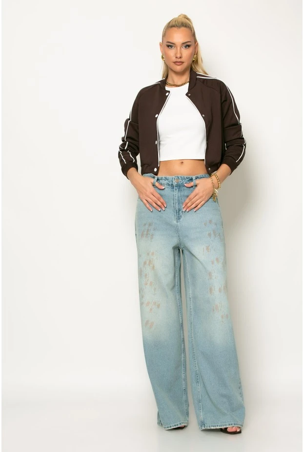 Cropped jacket με ρίγες στα μανίκια καφέ