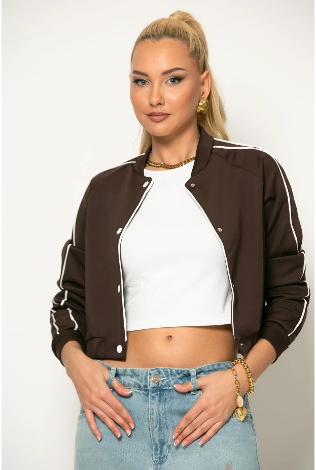 Cropped jacket με ρίγες στα μανίκια καφέ
