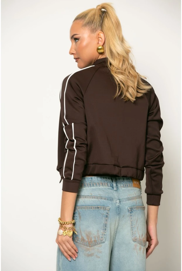 Cropped jacket με ρίγες στα μανίκια καφέ