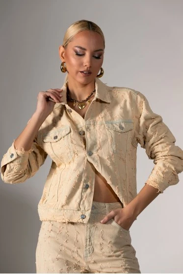 Jean jacket stonewashed με φθορές μπεζ