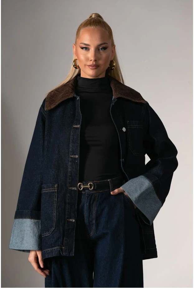 Jean jacket με κοτλέ γιακά μπλε ντένιμ