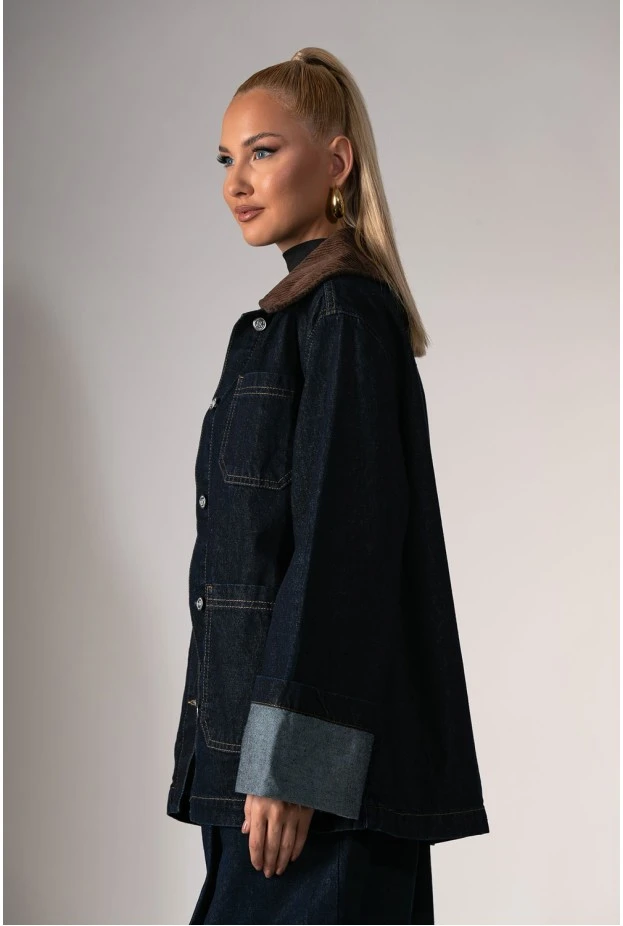 Jean jacket με κοτλέ γιακά μπλε ντένιμ