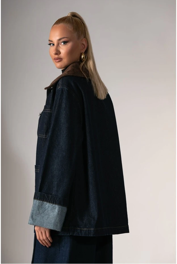 Jean jacket με κοτλέ γιακά μπλε ντένιμ