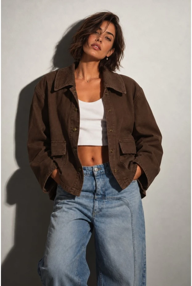 Jean jacket με κοτλέ γιακά καφέ