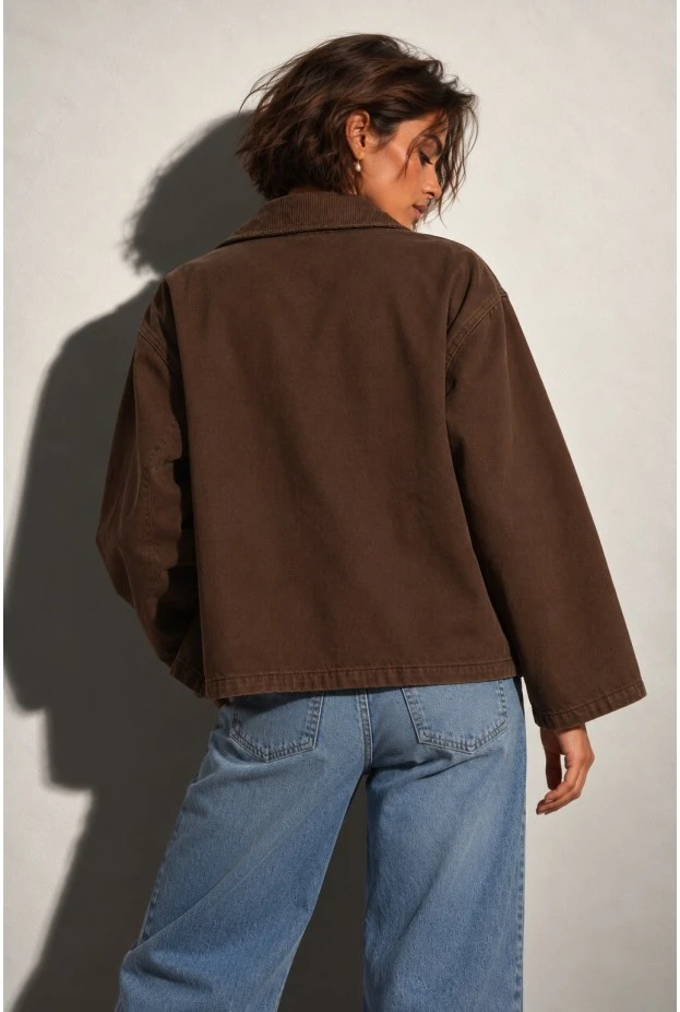 Jean jacket με κοτλέ γιακά καφέ