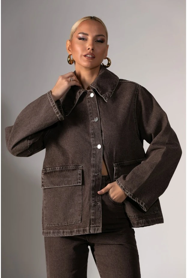 Jean jacket με μεγάλο γιακά καφέ