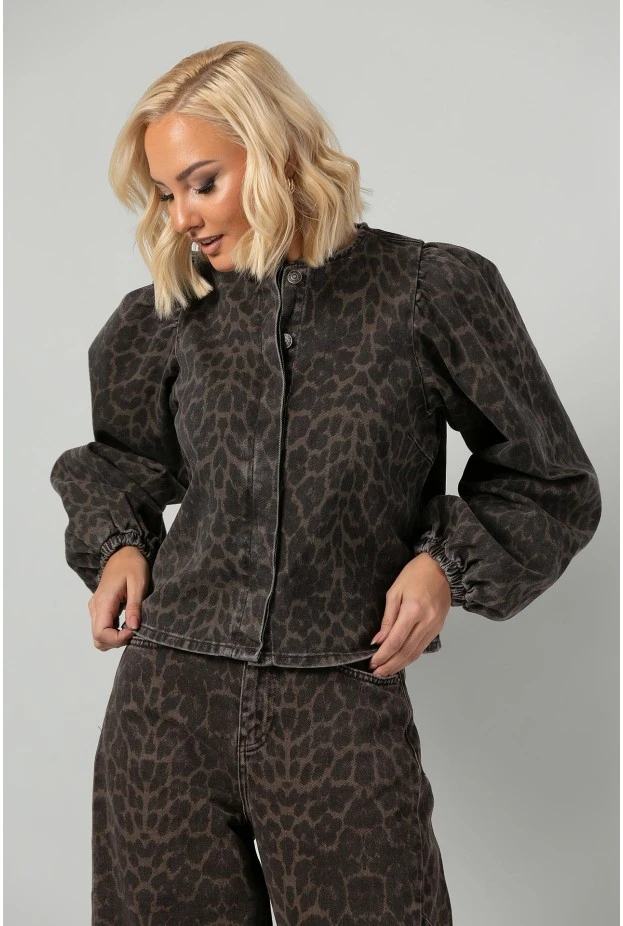 Jean jacket leopard print με balloon μανίκια καφέ