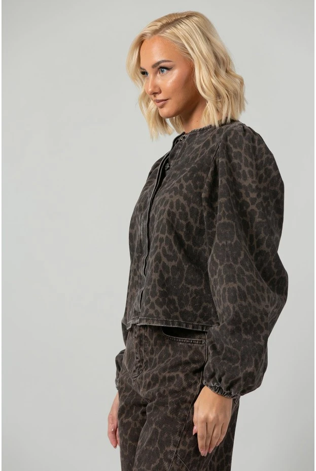 Jean jacket leopard print με balloon μανίκια καφέ