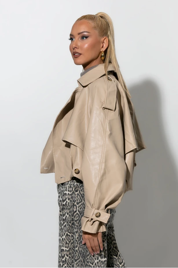 Bomber leather jacket μπεζ