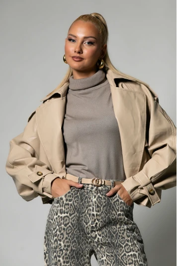 Bomber leather jacket μπεζ