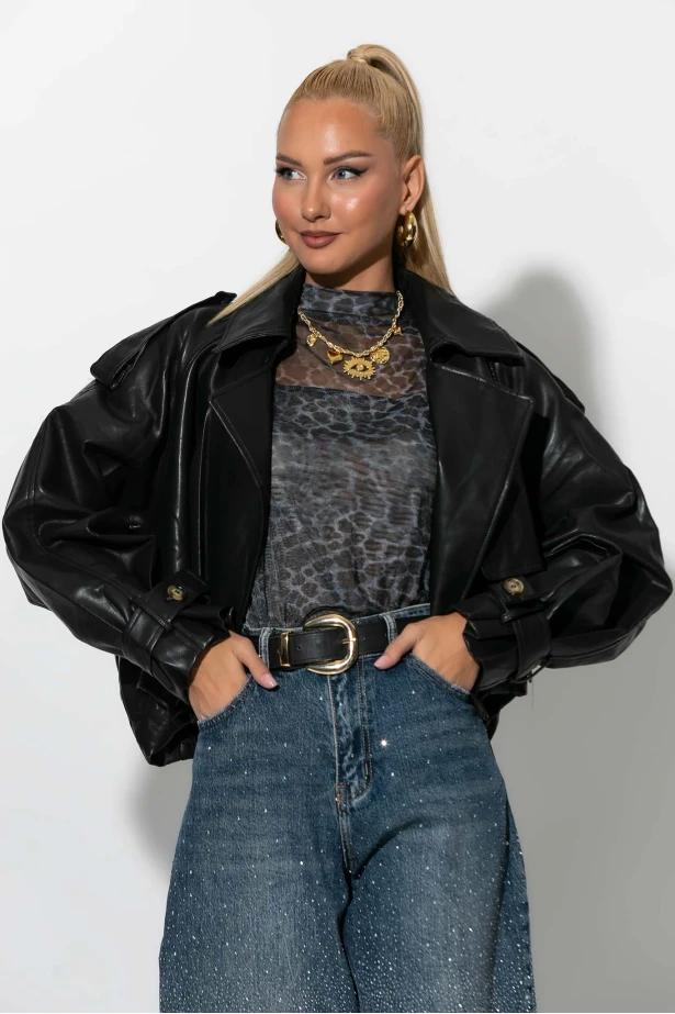 Bomber leather jacket μαύρο