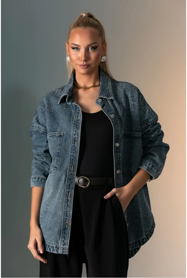 Jean jacket με μεγάλες τσέπες και στρας μπλε