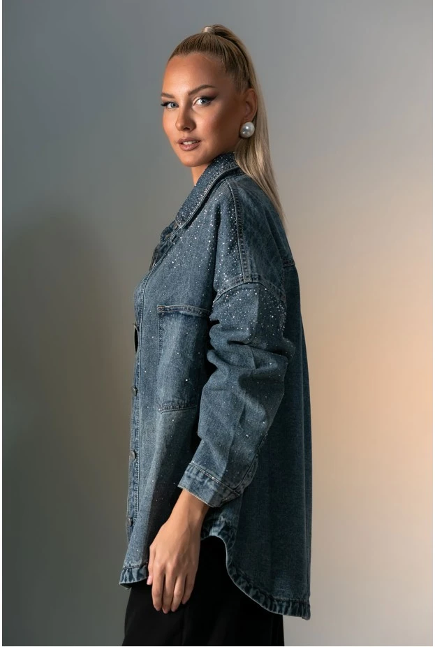 Jean jacket με μεγάλες τσέπες και στρας μπλε
