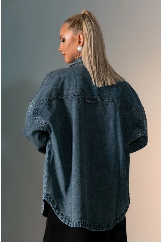 Jean jacket με μεγάλες τσέπες και στρας μπλε