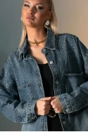 Jean jacket με μεγάλες τσέπες και στρας μπλε